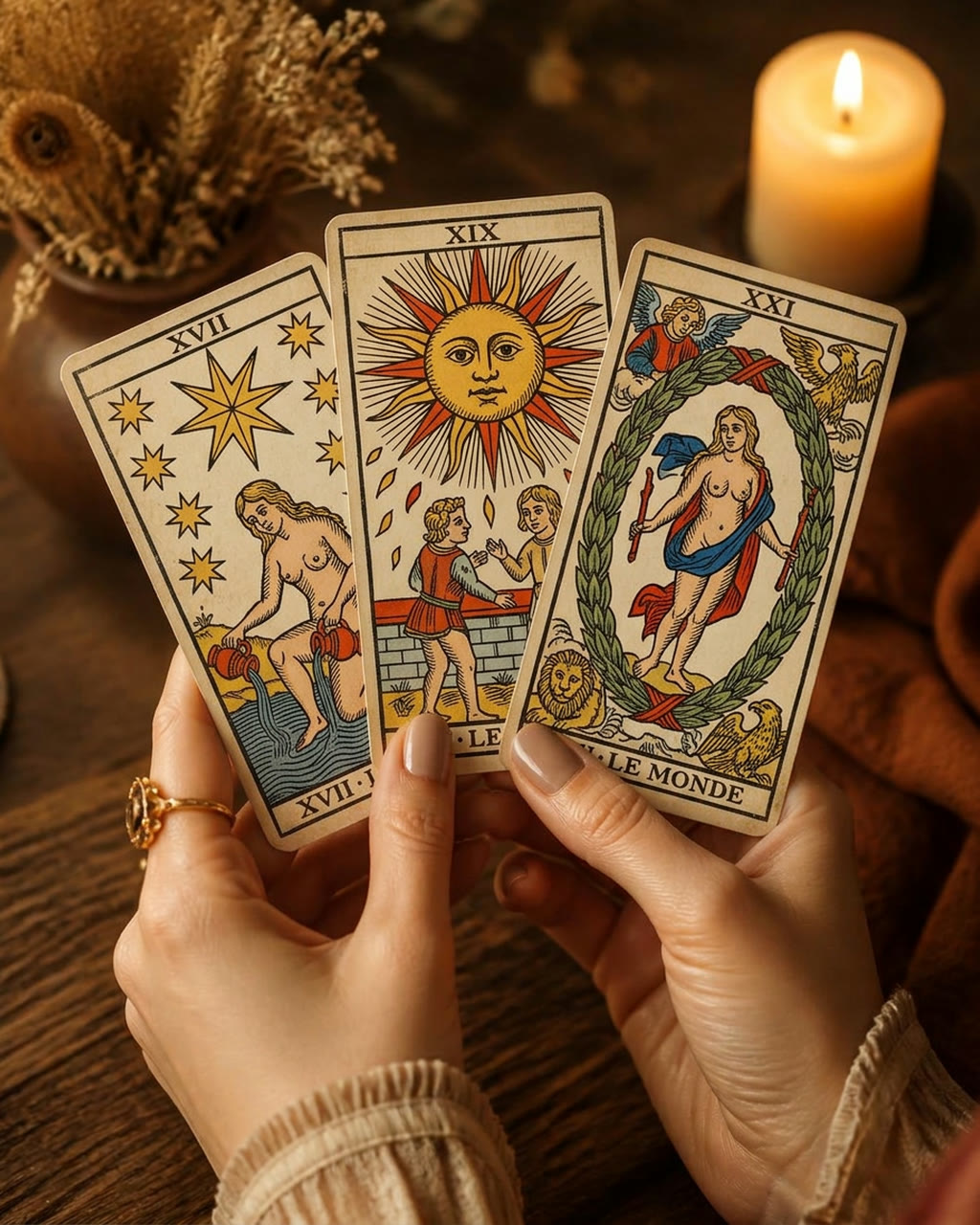 Mains tenant des cartes du Tarot de Marseille dans une ambiance chaleureuse