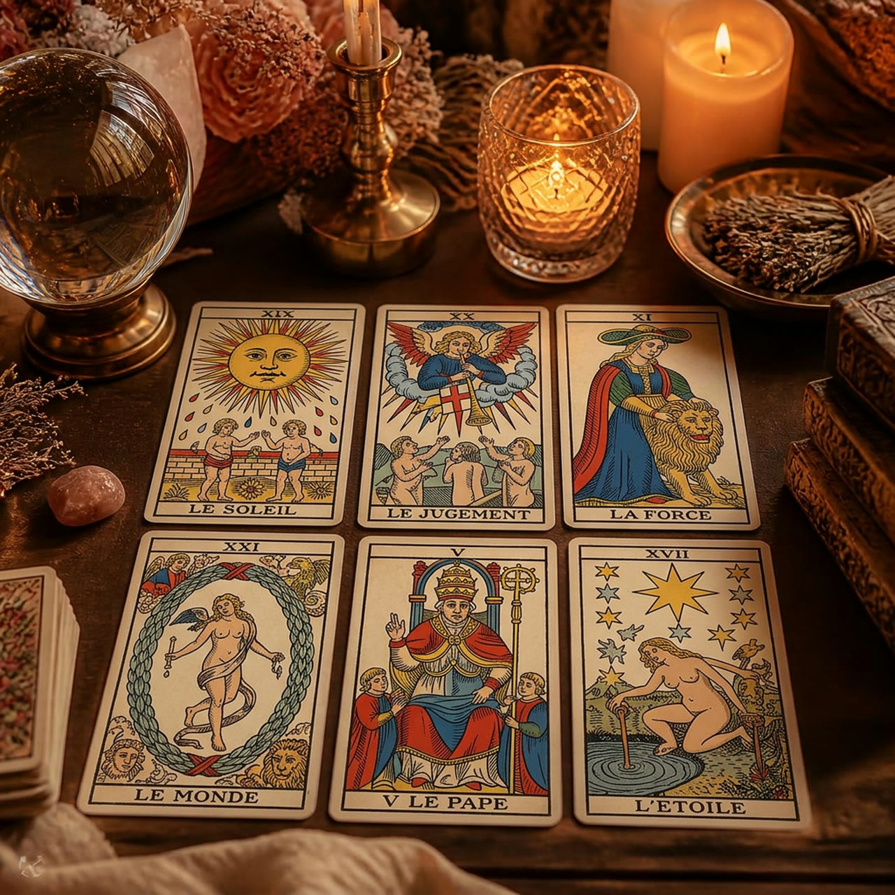 Arcanes majeurs du Tarot de Marseille, boule de cristal et bougies dorées — consultations ENMODEVOYANCE
